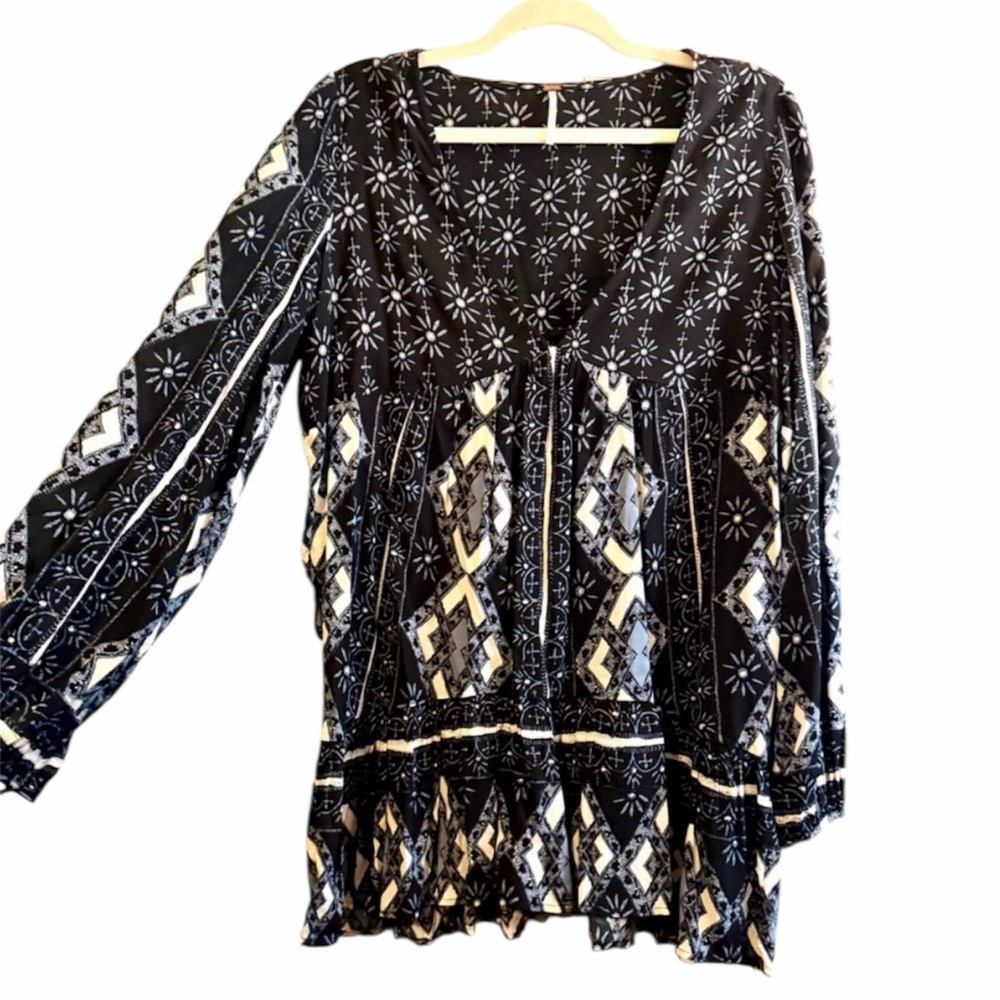 Free People Boho Blue Floral V Neck Tunic Dress size Small